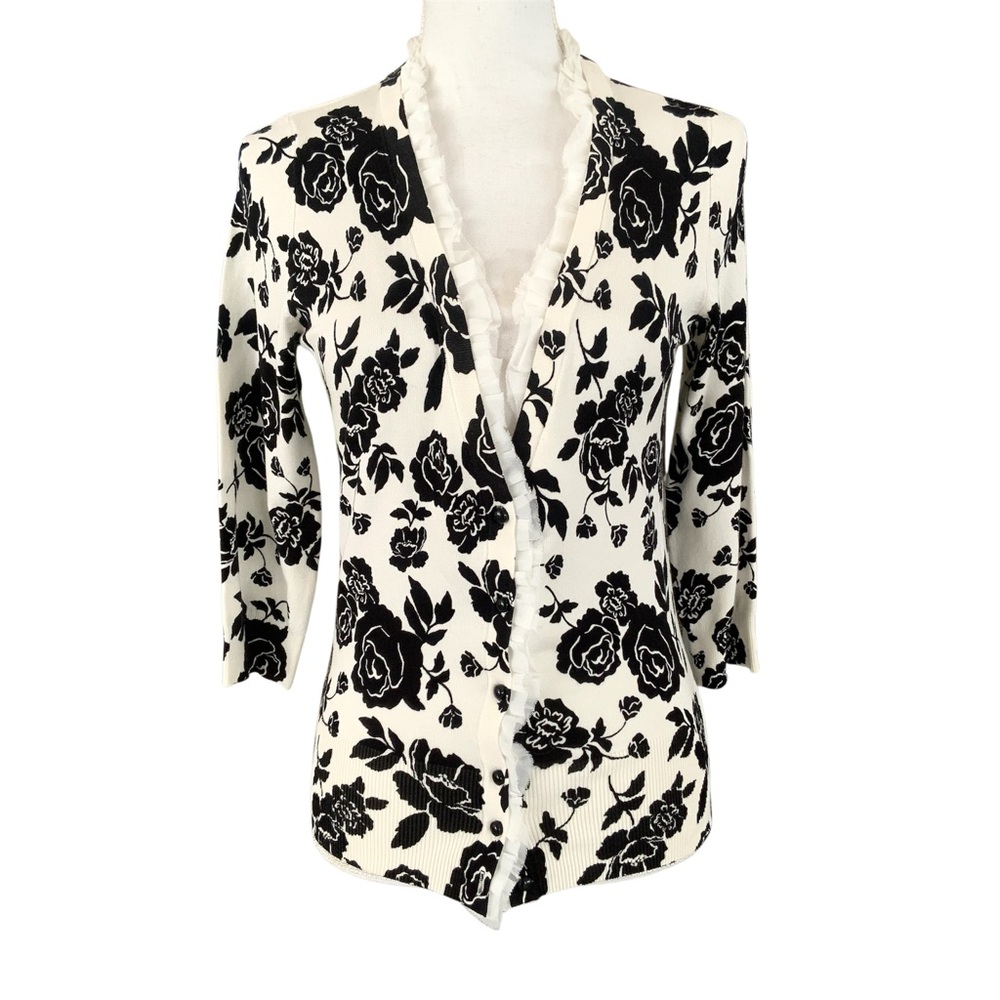 WHBM White House Black Market Womens Cardigan Small Black White Floral
